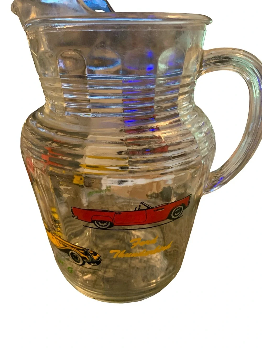 Vintage Hazel Atlas 9” Antique Cars Ribbed Pitcher With Ice Lip